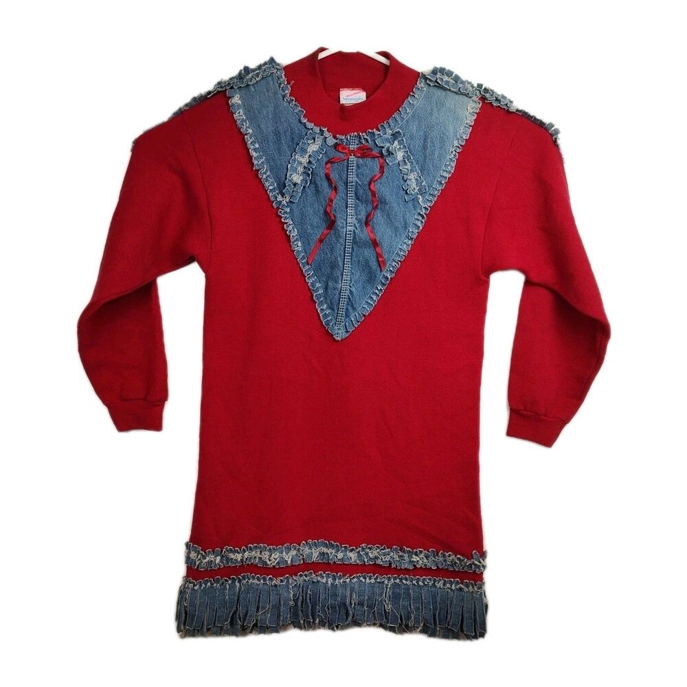 VTG‎ Wrangler Sweats Sweatshirt Dress Women's Size S/M Red w/ Blue Denim Accents